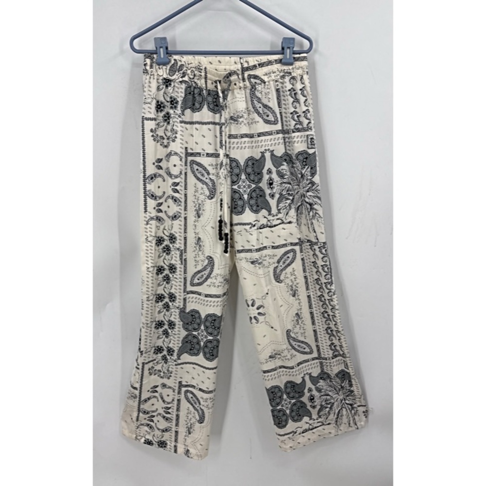 Rachel Zoe satin black-and-white Bandana paisley, print wide leg pant M